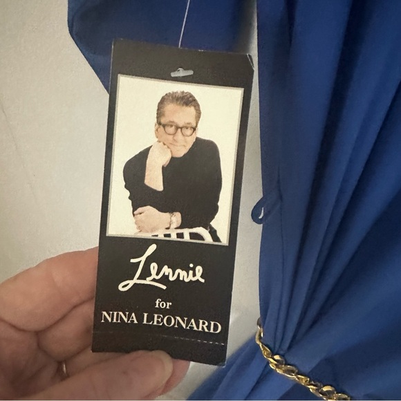 Nina Leonard Blue Sheath Dress with Bateau Neckline